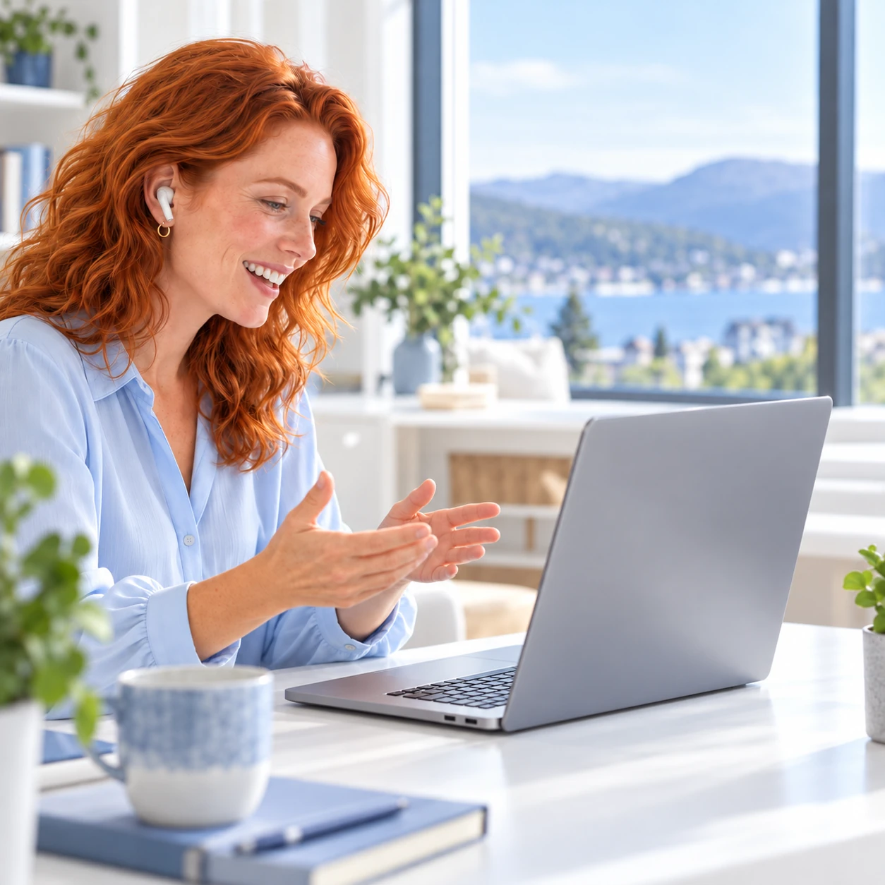 Eine Teilnehmerin spricht im Onlineunterricht; ihr Laptop ist zu ihr gedreht und der Bildschirm von der Seite kaum sichtbar