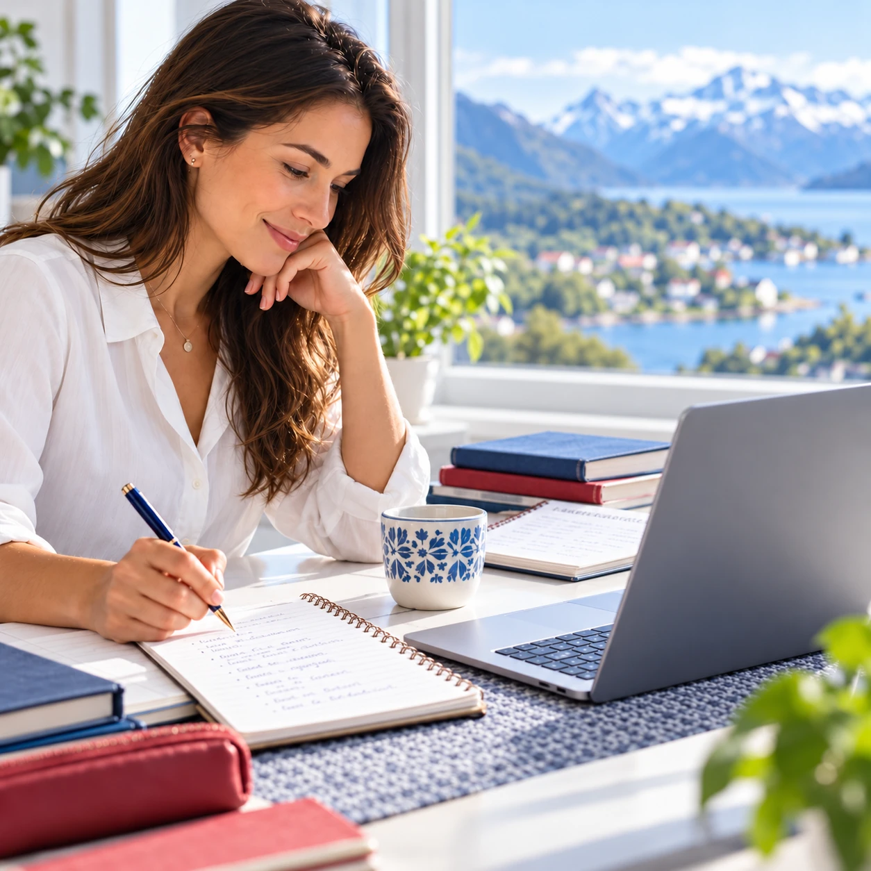 Eine Lernende arbeitet in einer hellen norwegischen Wohnung am zu ihr gedrehten Laptop, mit Büchern und Notizheft auf dem Tisch