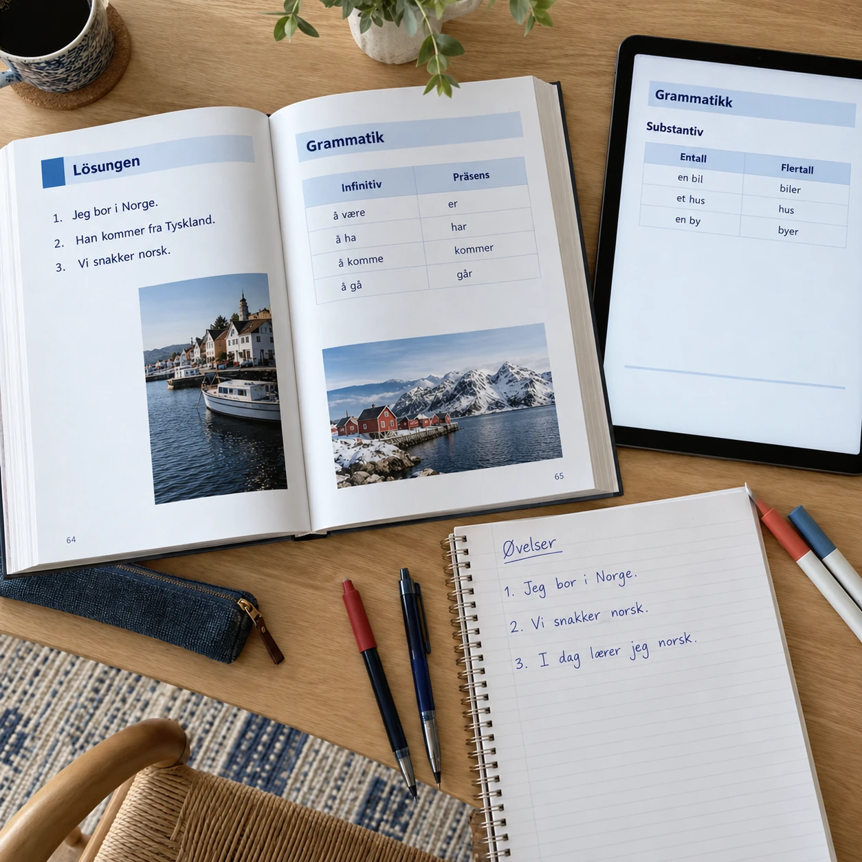 Arbeitsplatz von oben: aufgeschlagenes Buch, flach liegendes Tablet, Übungsheft, Stifte und Marker auf einem hellen Holztisch